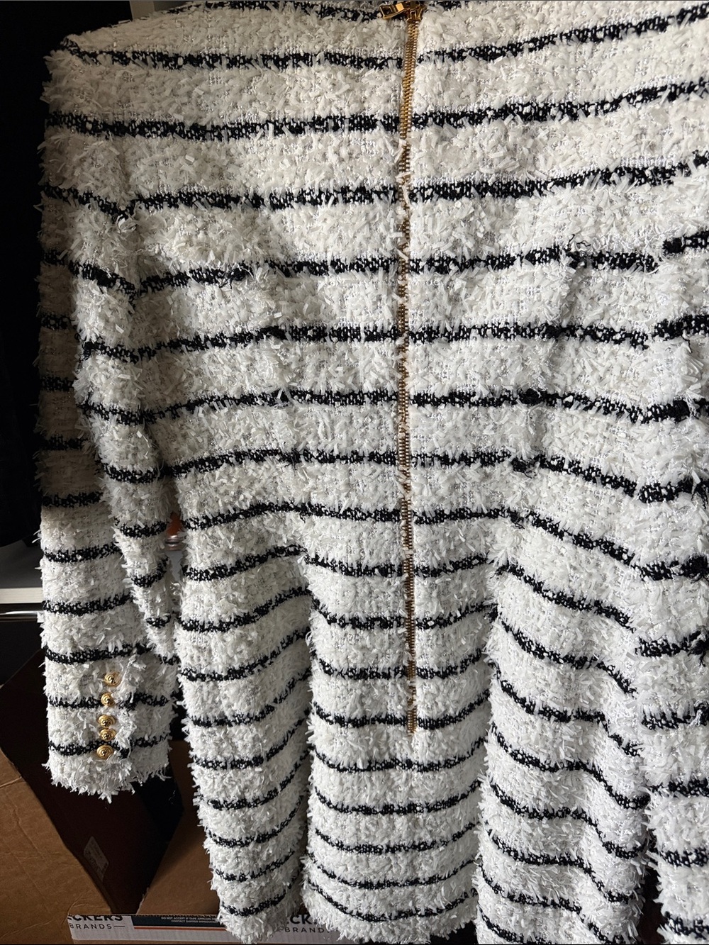 Balmain Black & White Striped Bouclé Pea Coat - Picture 3 of 6